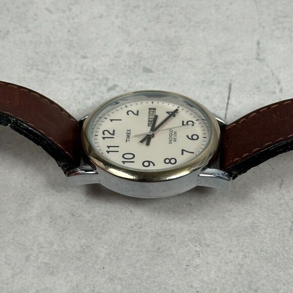 Timex Watch Mens 35mm Day Date Indiglo Two Tone Brown Band Quartz New Battery - Picture 2 of 13